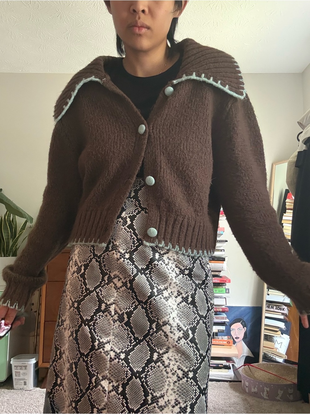 Zara Brown Knit Crop Cardigan with Mint Trim XL